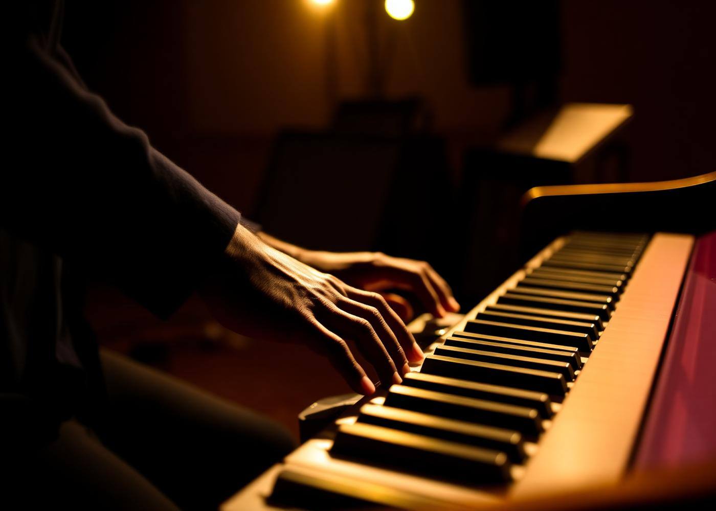 Hands playing piano keys in a studio