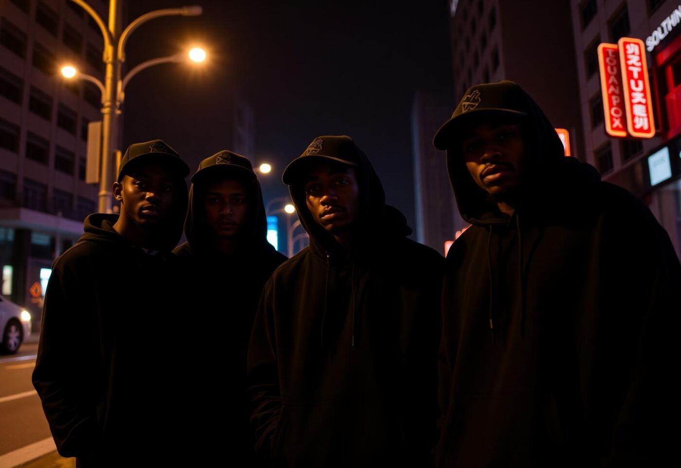 Fans wearing official Afro Piano Fusion merchandise at night